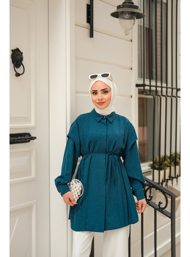 Locco Moda Sim Desenli Viskon Gömlek Petrol Yeşil