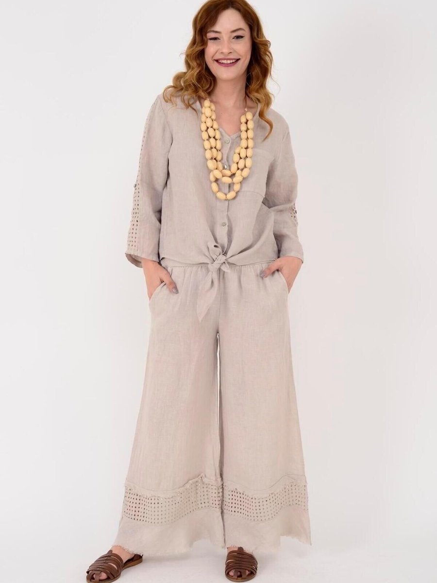 EREN STYLE Bej İtalyan Fisto Detaylı Keten Pantolon