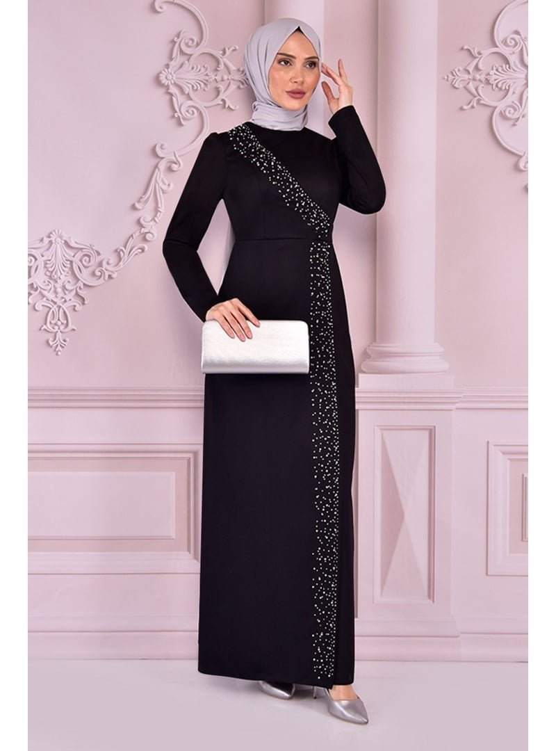 AYŞE MELEK TASARIM Giyim Moda Taş Işlemeli Uzun Abiye Elbise Siyah