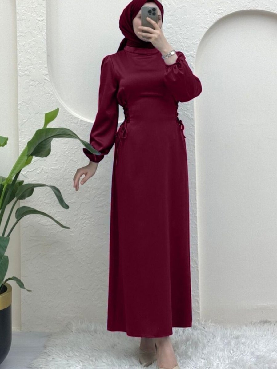 HİJABAYA Bordo Yanları Bağlamalı Kolu Lastikli Saten Abiye Elbise