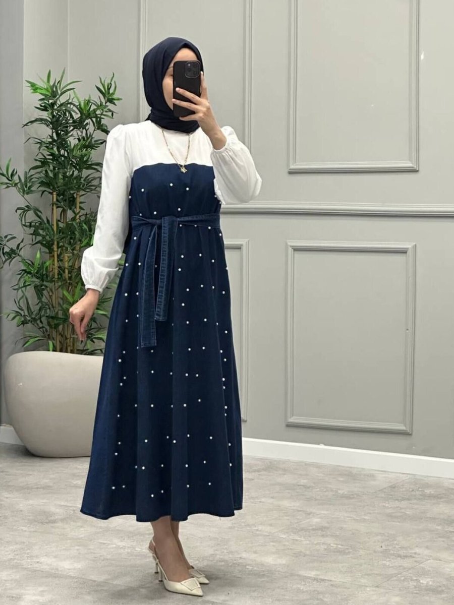 OlaLady Lacivert Üstü Detaylı İncili Kloş Denim Kot Gömlek Elbise