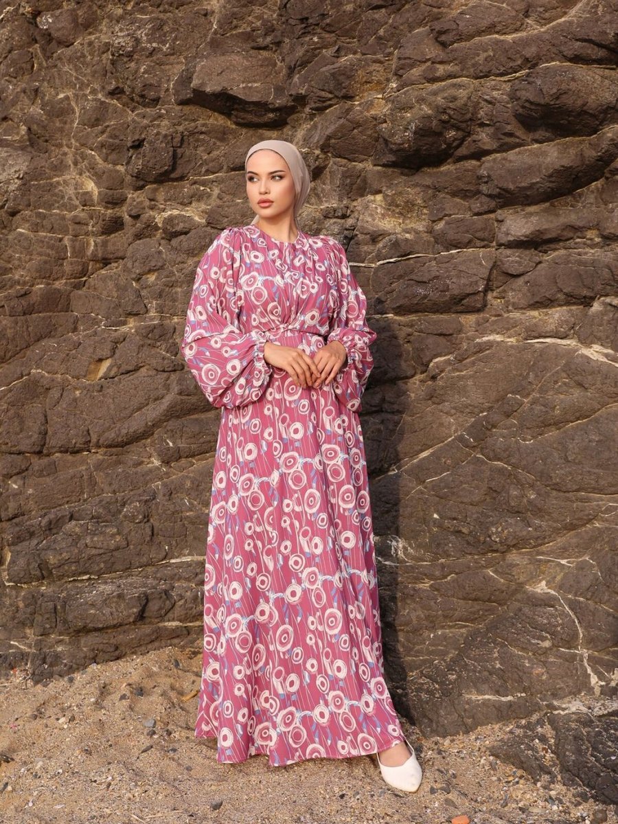 Nissra Pembe Bağlamalı Yuvarlak Desen Saten Elbise