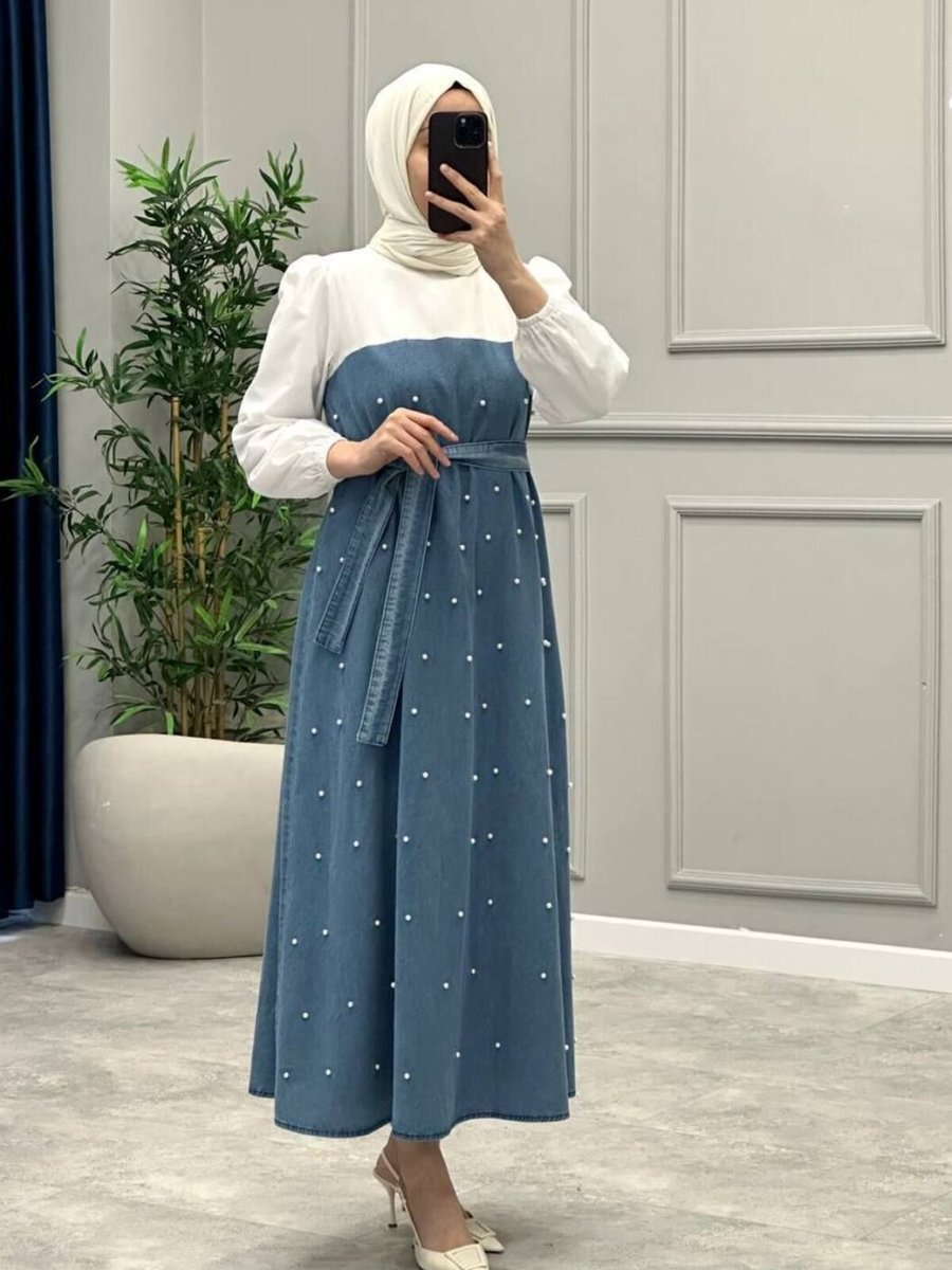 OlaLady Mavi Üstü Detaylı İncili Kloş Denim Kot Gömlek Elbise