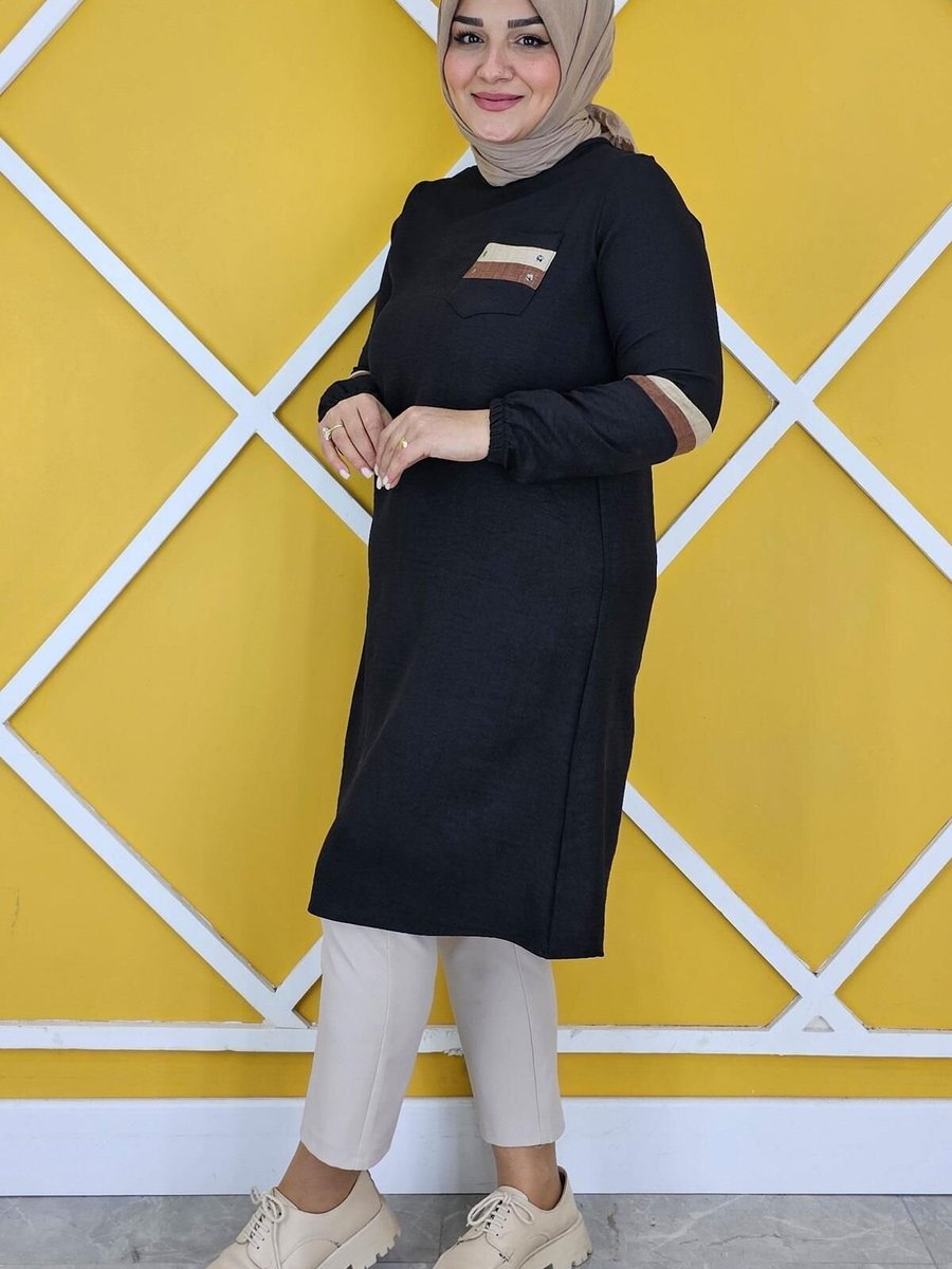 MYSTİL Siyah Taş Ve Renk Kombin Detaylı Tunik