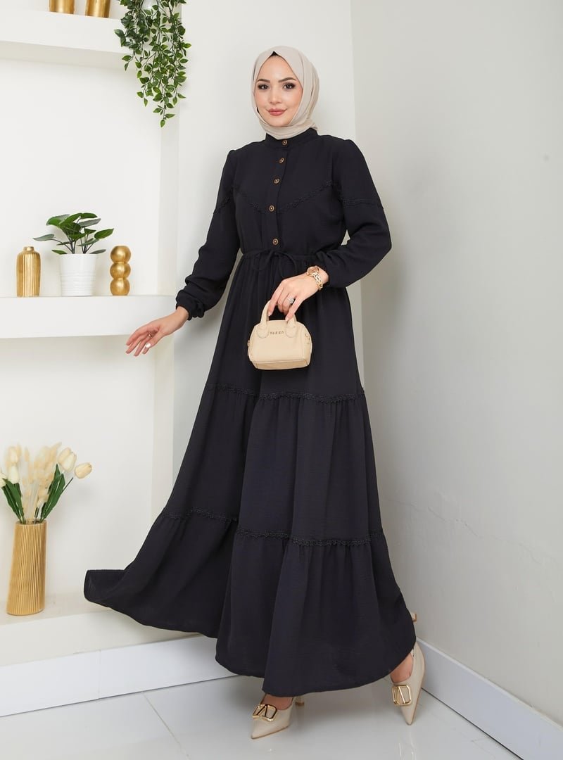 Harmatime butik Dantel Detaylı Bel Bağcıklı Siyah Ayrobin Elbise