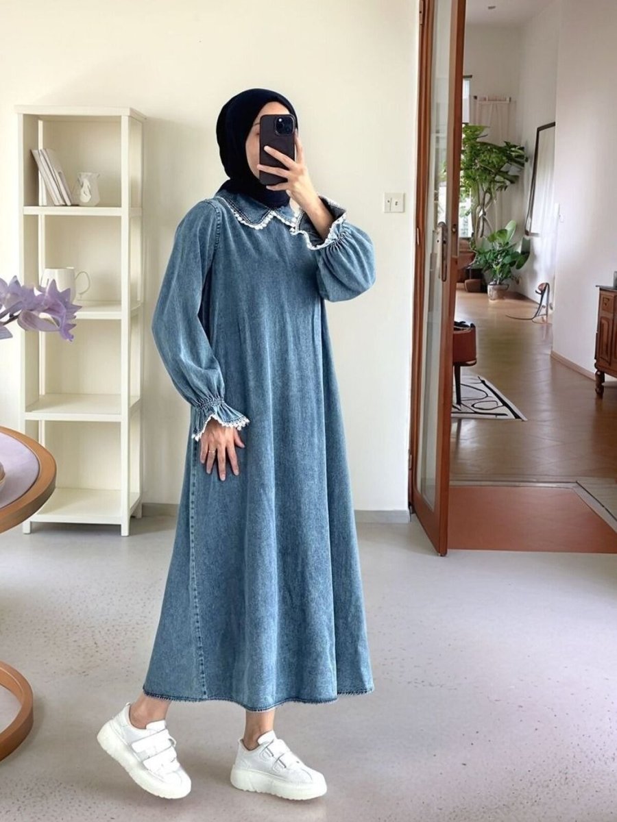 OlaLady Mavi Güpürlü Bebe Yaka Kemerli Kot Elbise
