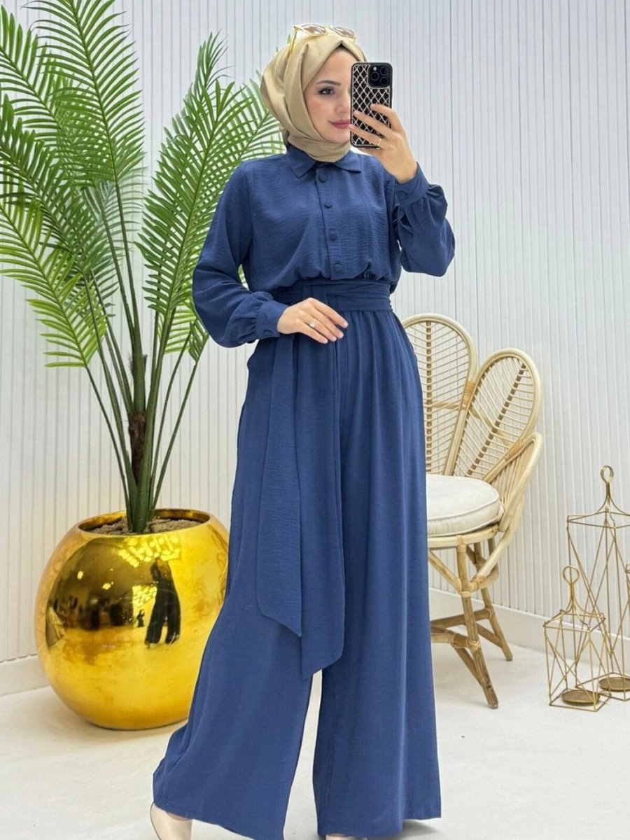 HİJABAYA İndigo Yarım Düğmeli Kemerli Beli Lastikli Tulum