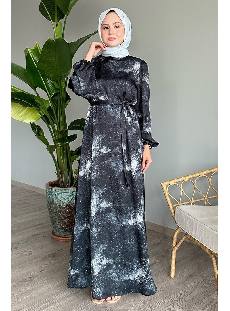 InStyle Yıldızlı Gece Desenli Siyah Elbise