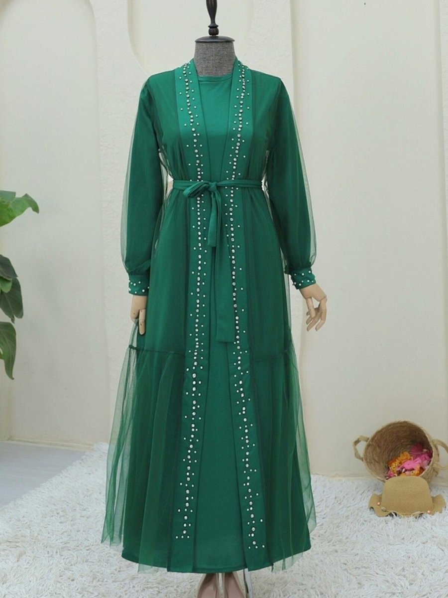 HİJABAYA Yeşil Önü Taş Ve İnci Detaylı Beli Bağcıklı İkili Abaya