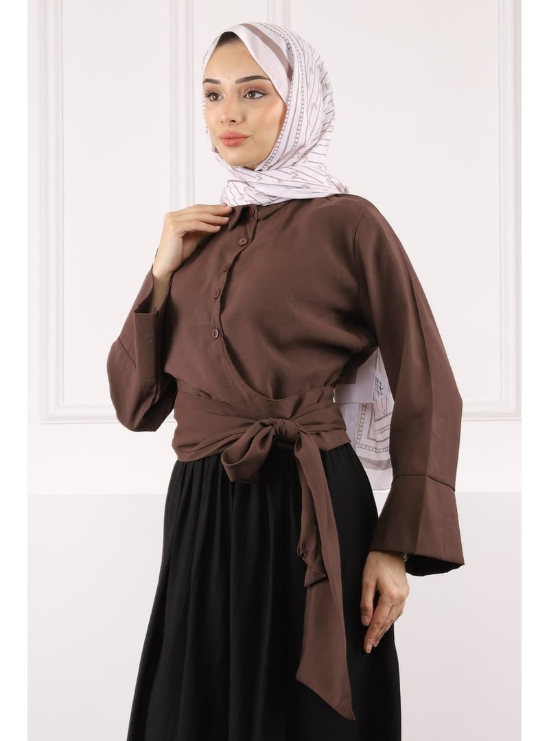 İmaj Butik Kahverengi Bel Bağlamalı Modal Gömlek