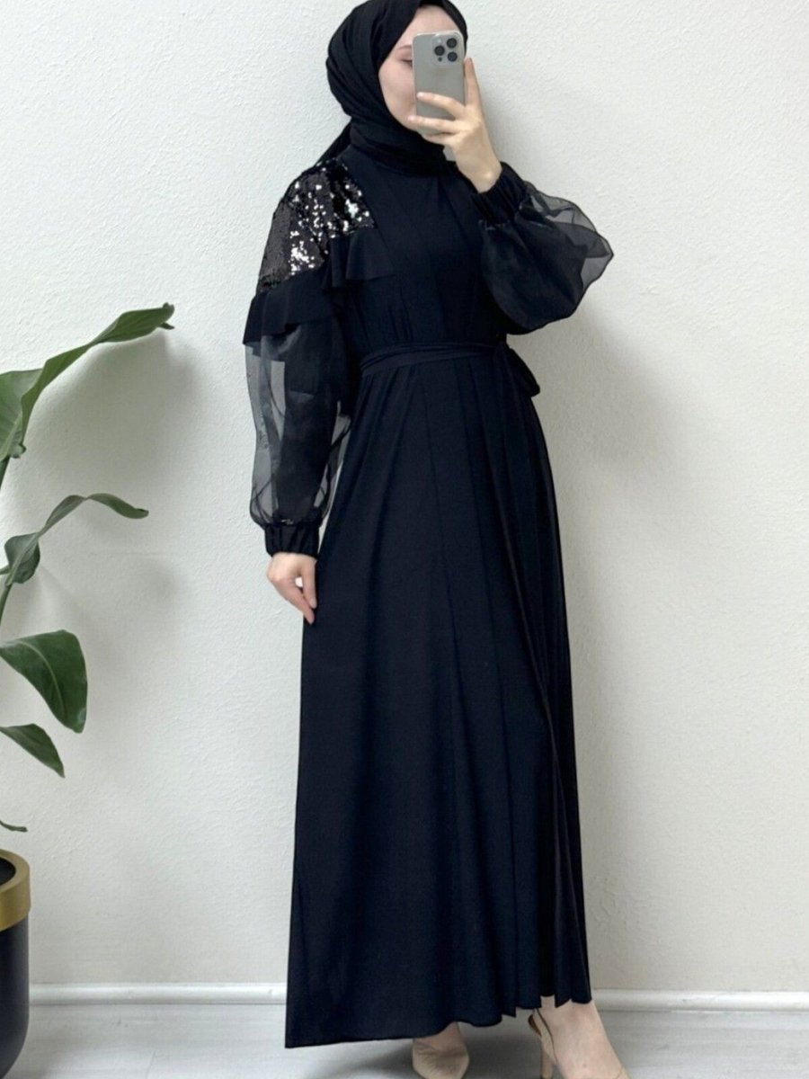 HİJABAYA Siyah Omuzları Pul Payet Kolu Tül İkili Abaya