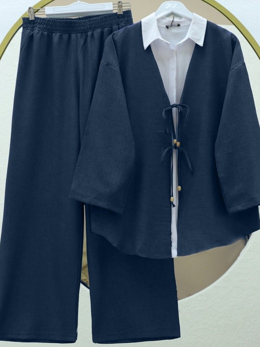 HİJABAYA İndigo Önü Çift Bağlamalı Pantolonlu Kimono İkili Takım