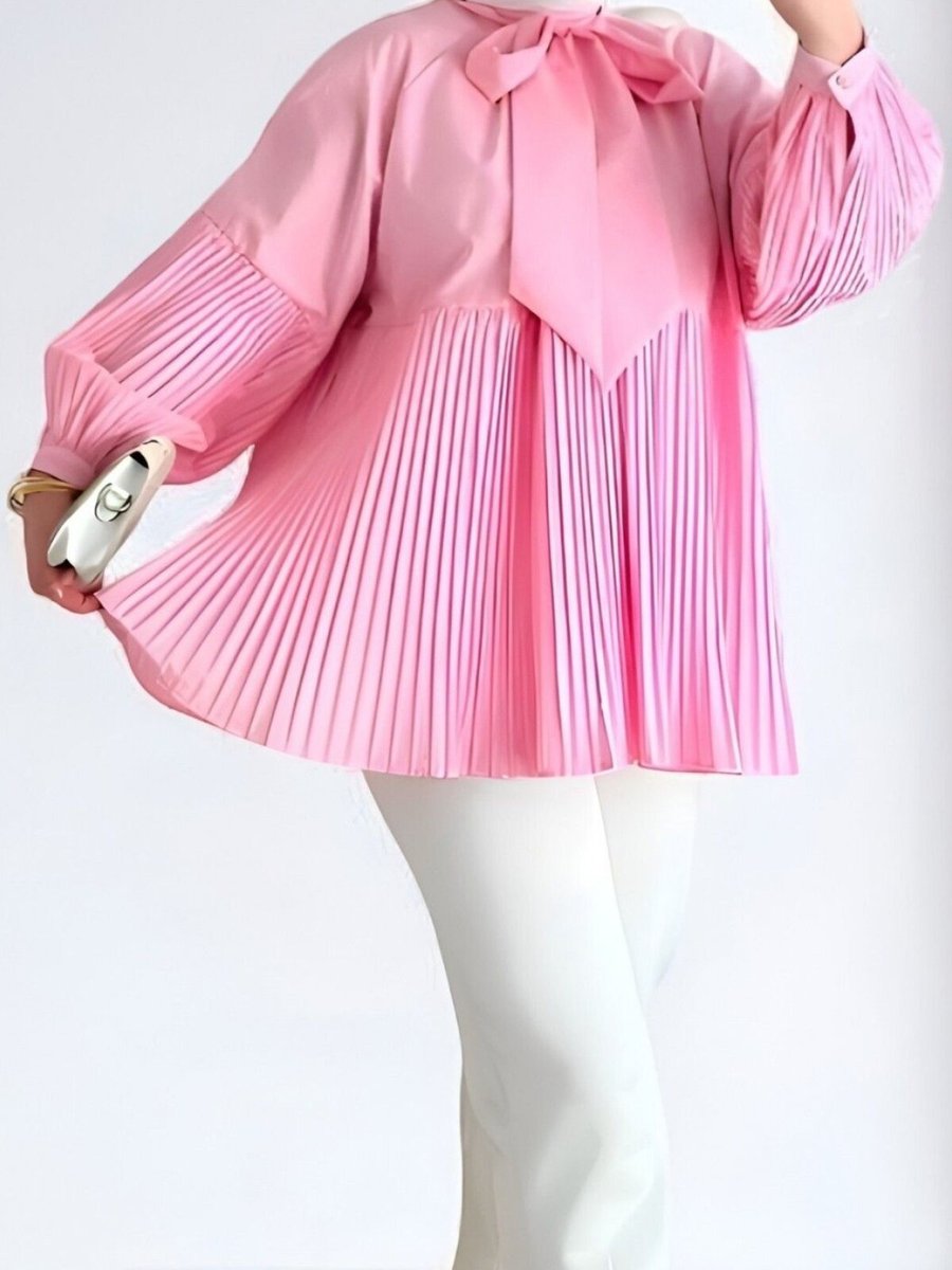 HİJABAYA Pembe Yakası Bağcıklı Kolları Ve Eteği Pliseli Tunik