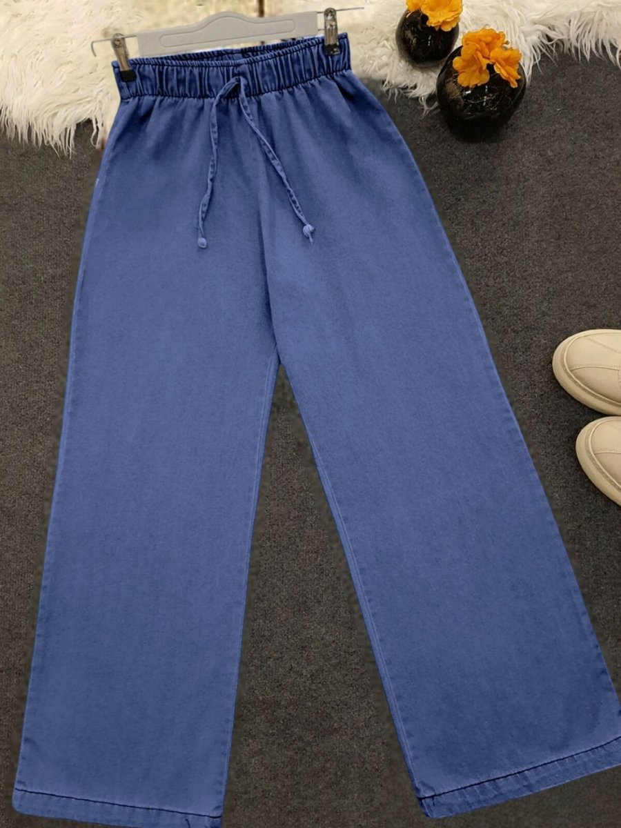 HİJABAYA Koyu Mavi Bol Paça Beli Lastikli Bağcık Detaylı Kot Pantolon