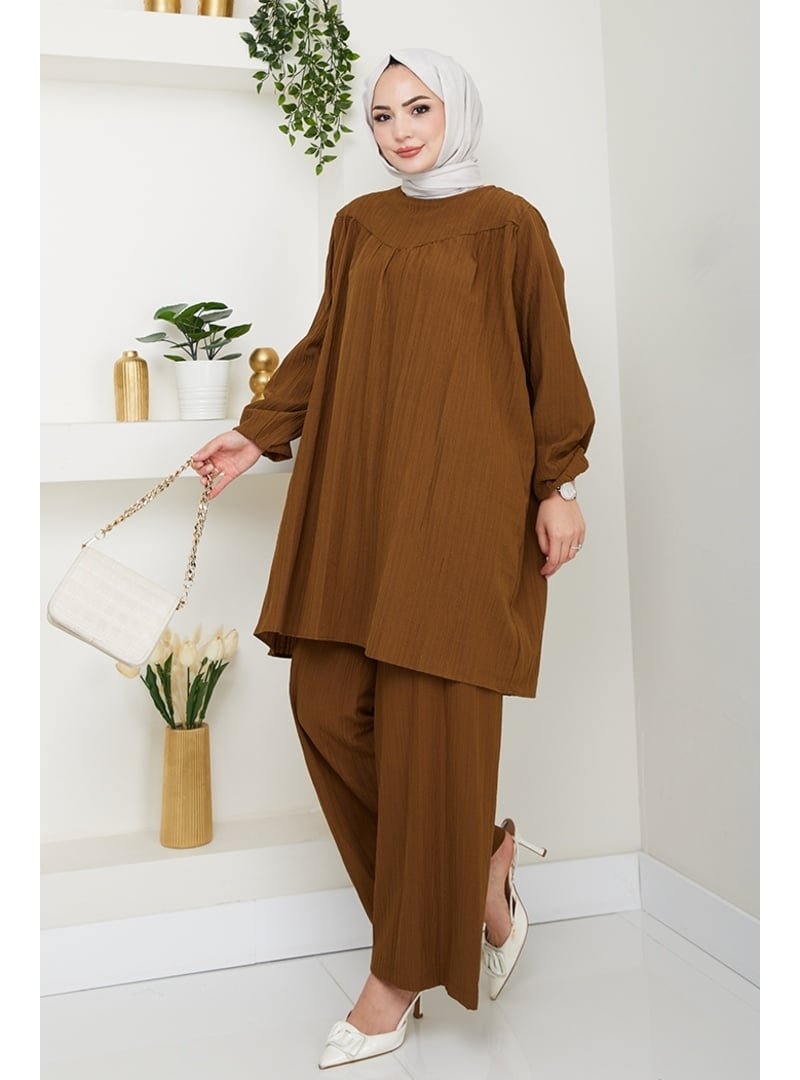Bestenur Acı Kahve Müslin Tunik Pantolon İkili Takım