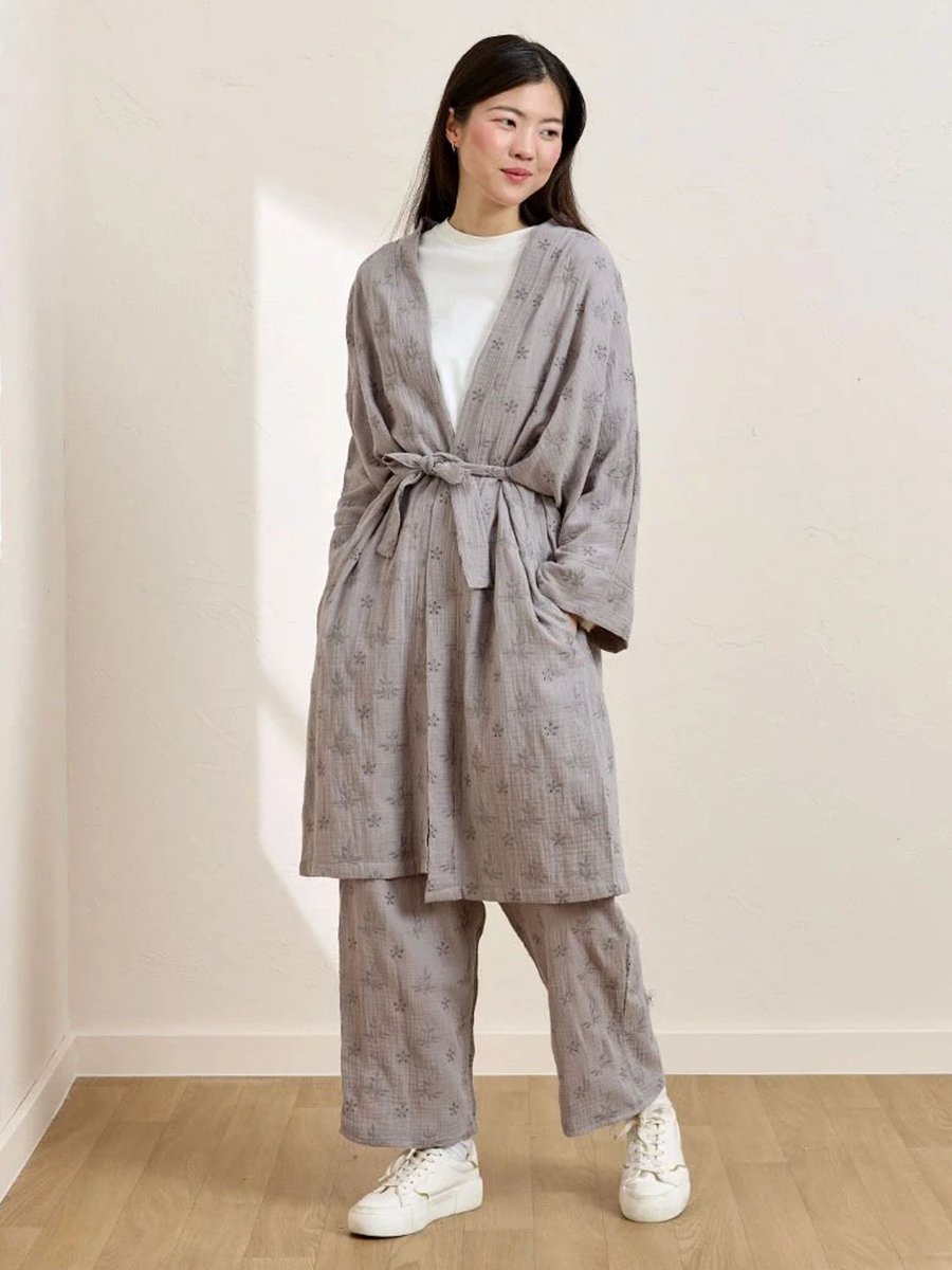 Ceylan Otantik Gri Fistolu Müslin Uzun Kimono & Pantolon Takım