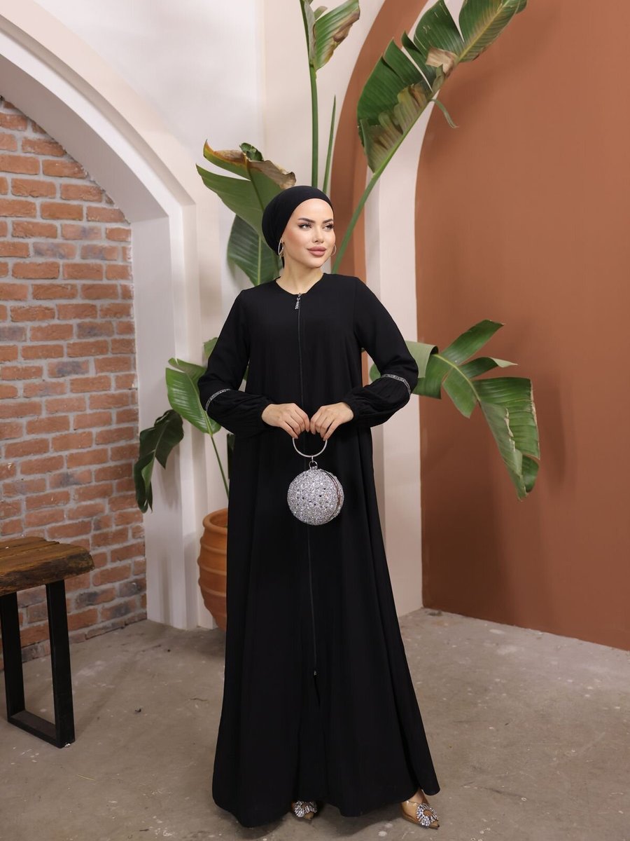 Nissra Siyah Ankanoor Balon Kol Taşlı Ferace