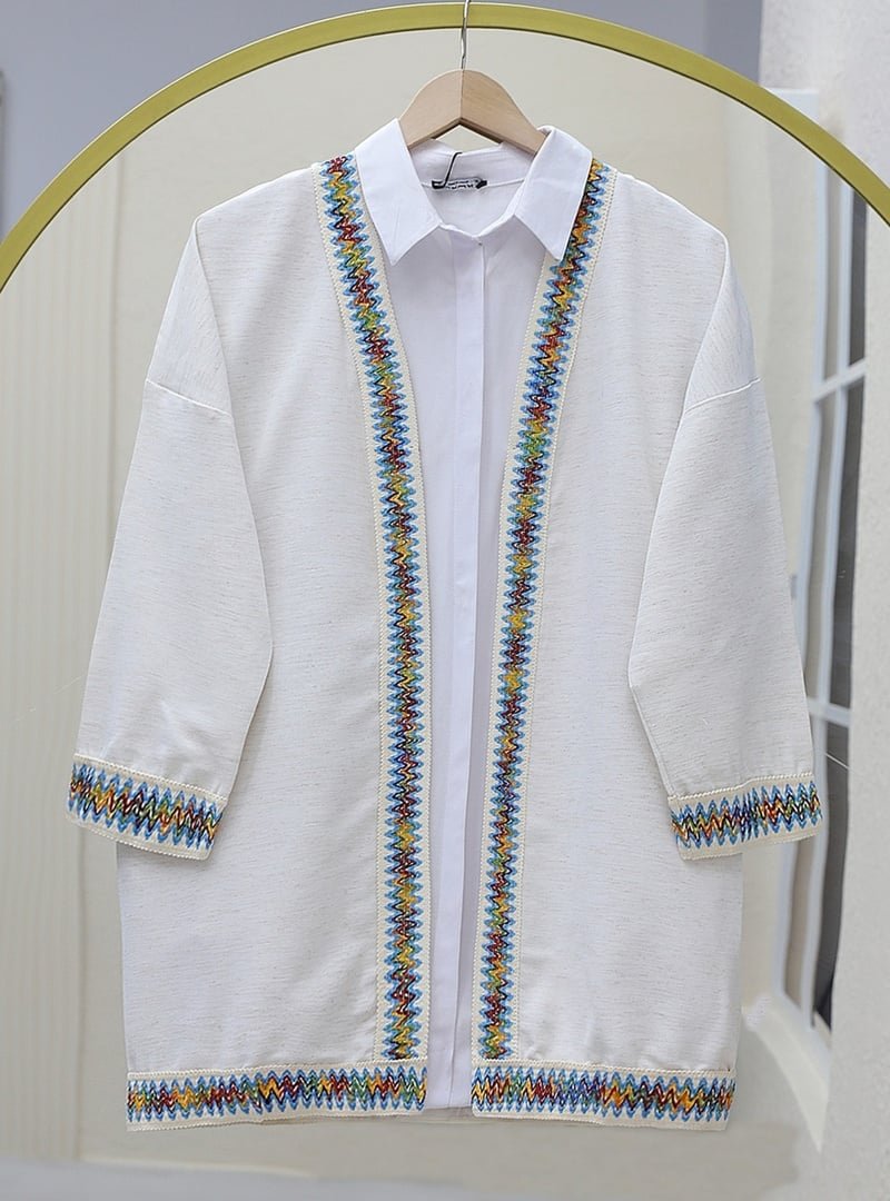 Podyumplus Taş Renkli Şerit Detaylı Keten Kimono