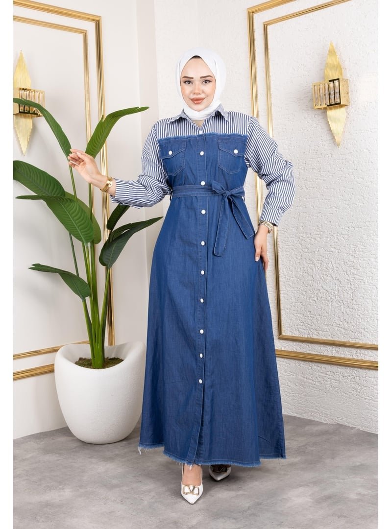 Harmatime butik Kuşaklı Çizgili Kot Elbise