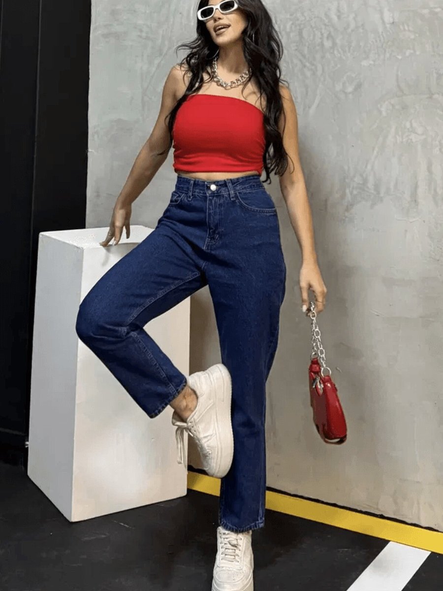 Özer&Hermin Mavi Düz Orta Slim Fit Mom Pantolon