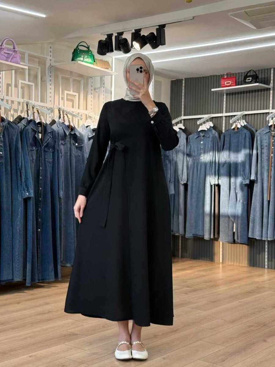 OlaLady Siyah Yandan Kusaklı Kapamalı İnce Krep Elbise