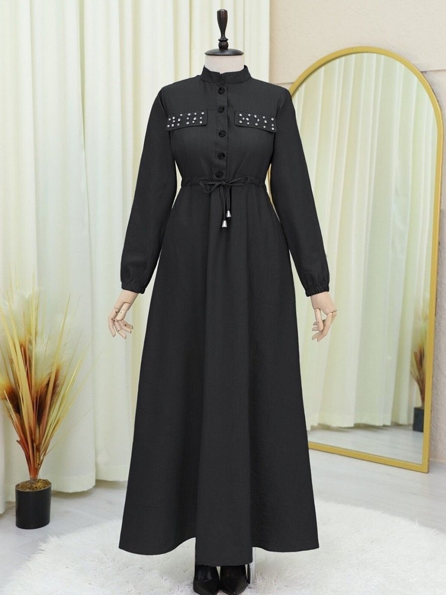 HİJABAYA Siyah Cepleri Taşlı Beli Bağlamalı Kolu Lastikli Elbise