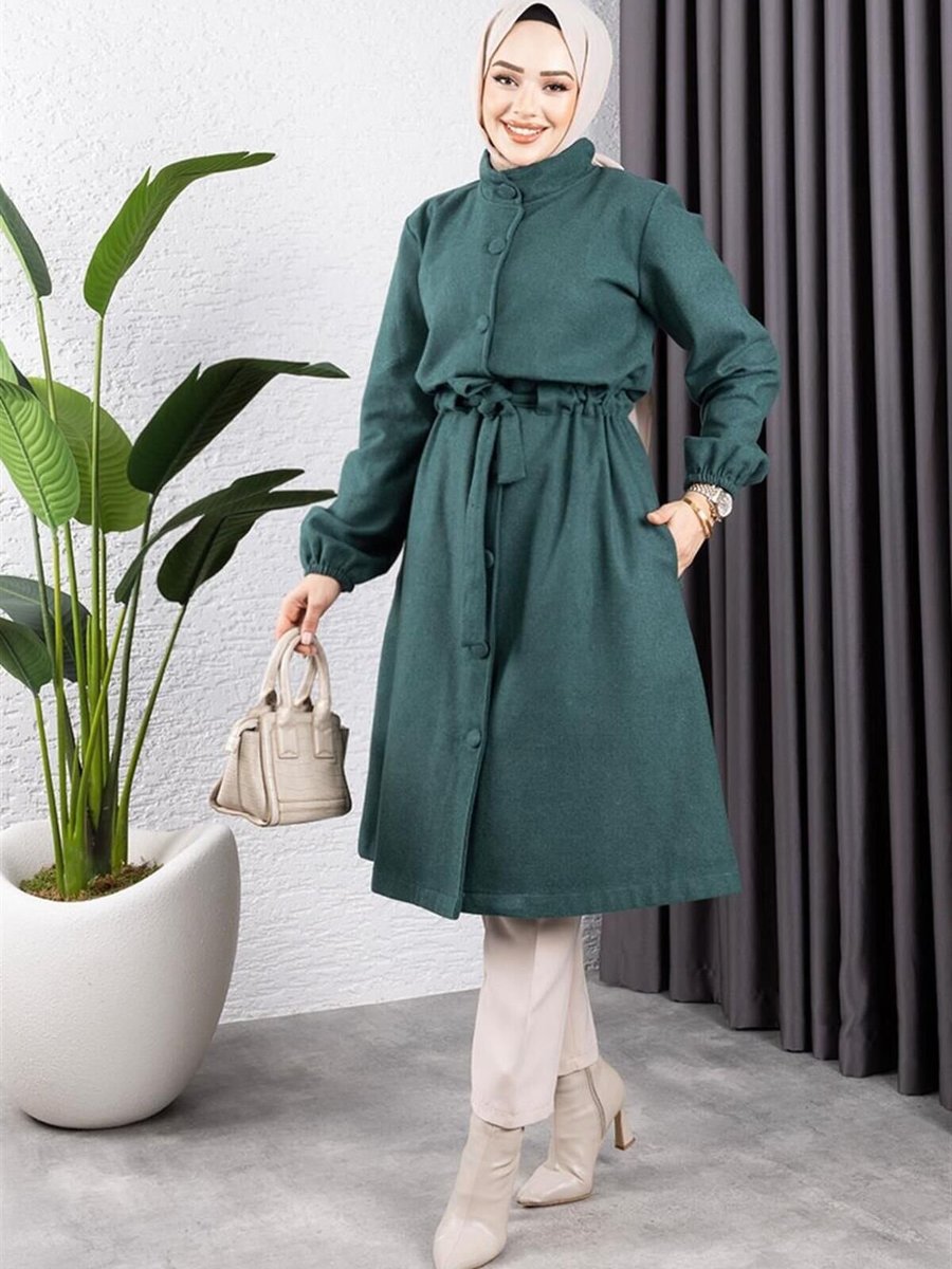 Mec Fashion Zümrüt Yeşili Düğme Detaylı Kaşe Kaban