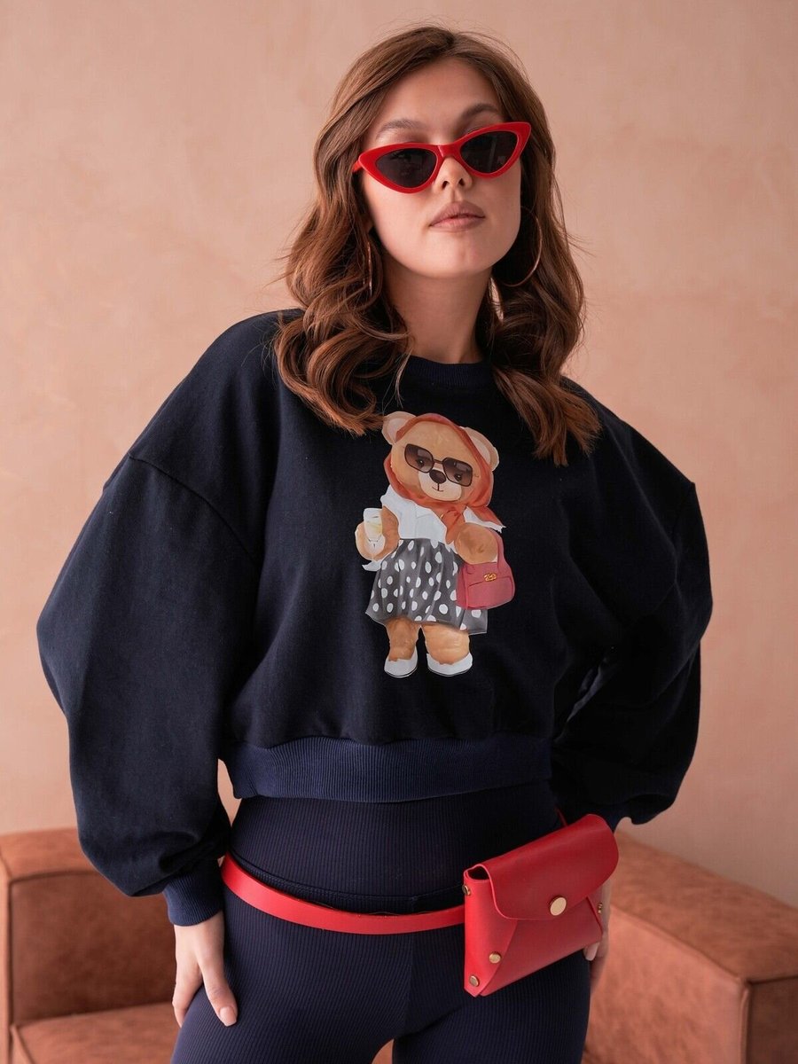 Moda Amore Lacivert Teddy Bear Crop Ayıcıklı Sweat Şardonsuz İnce Tasarım İplik Sweatshirt