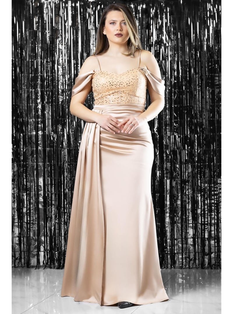 MFA Moda Pul Payet Detaylı Saten Abiye Gold
