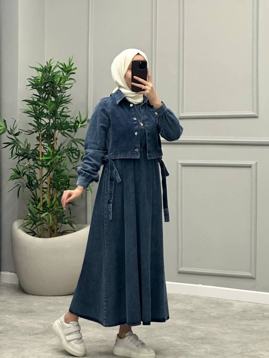 OlaLady Lacivert Yanları Bağlamalı Yelekli Kot Elbise