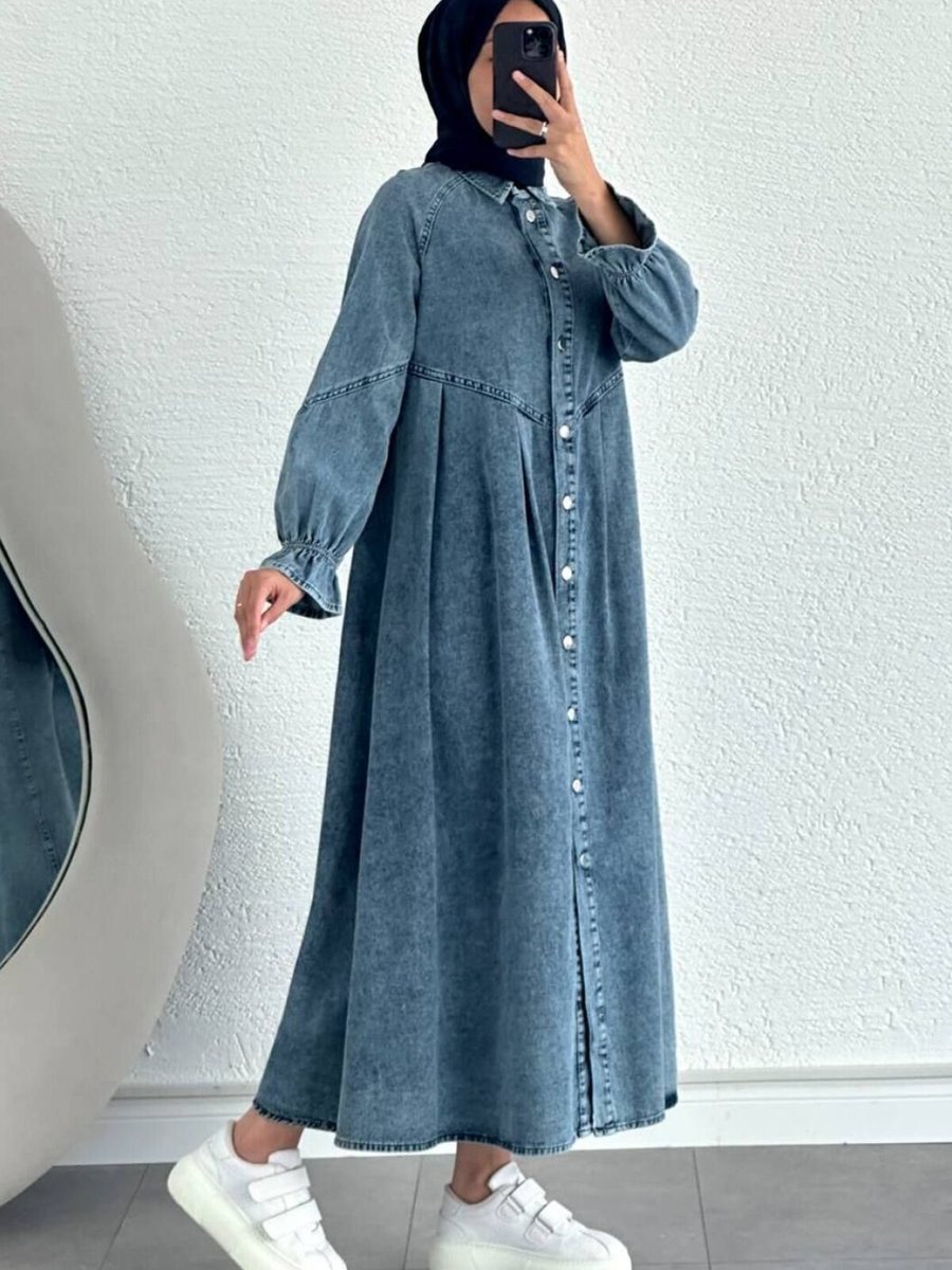 OlaLady Mavi Önü Düğmeli Pile Detaylı Denim Kap Pardesü