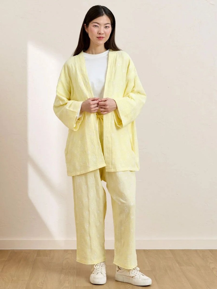 Ceylan Otantik Sarı Fistolu Müslin Kısa Kimono & Pantolon Takım