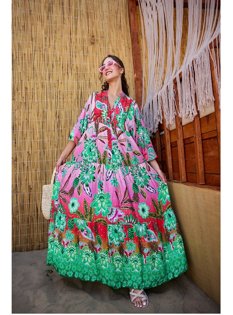 Locco Moda Pembe Kırmızı Soyut Botanik Desen Elbise