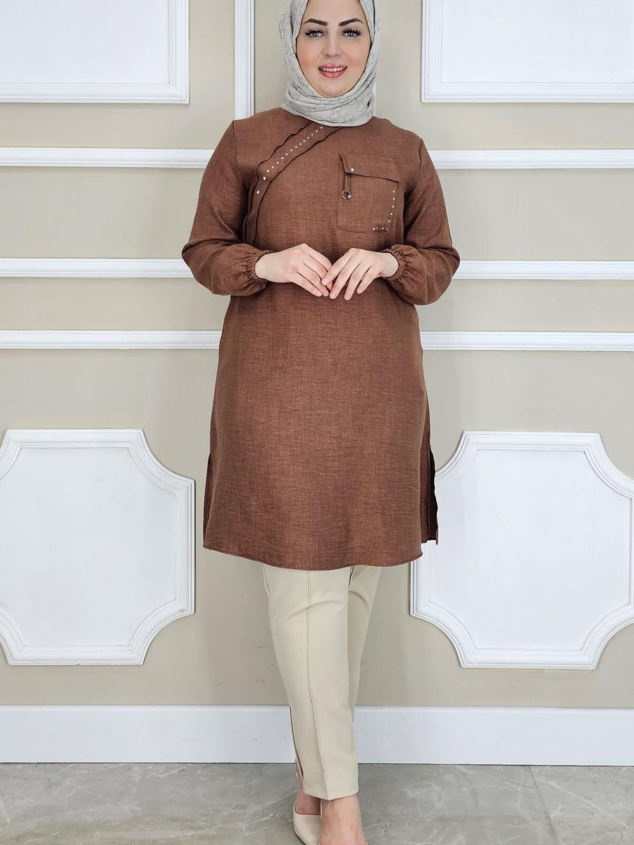MYSTİL Kahverengi Aller Taş Detaylı Tunik