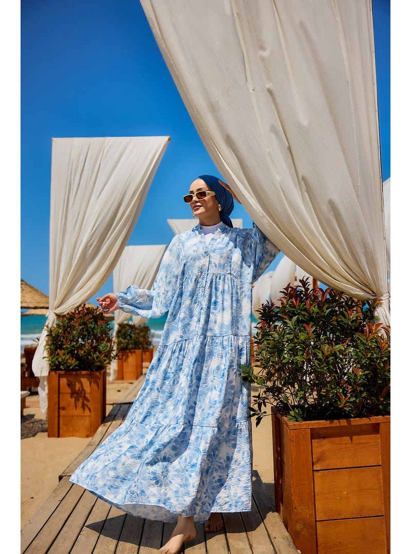 Locco Moda Mavi Bulut Desen Elbise