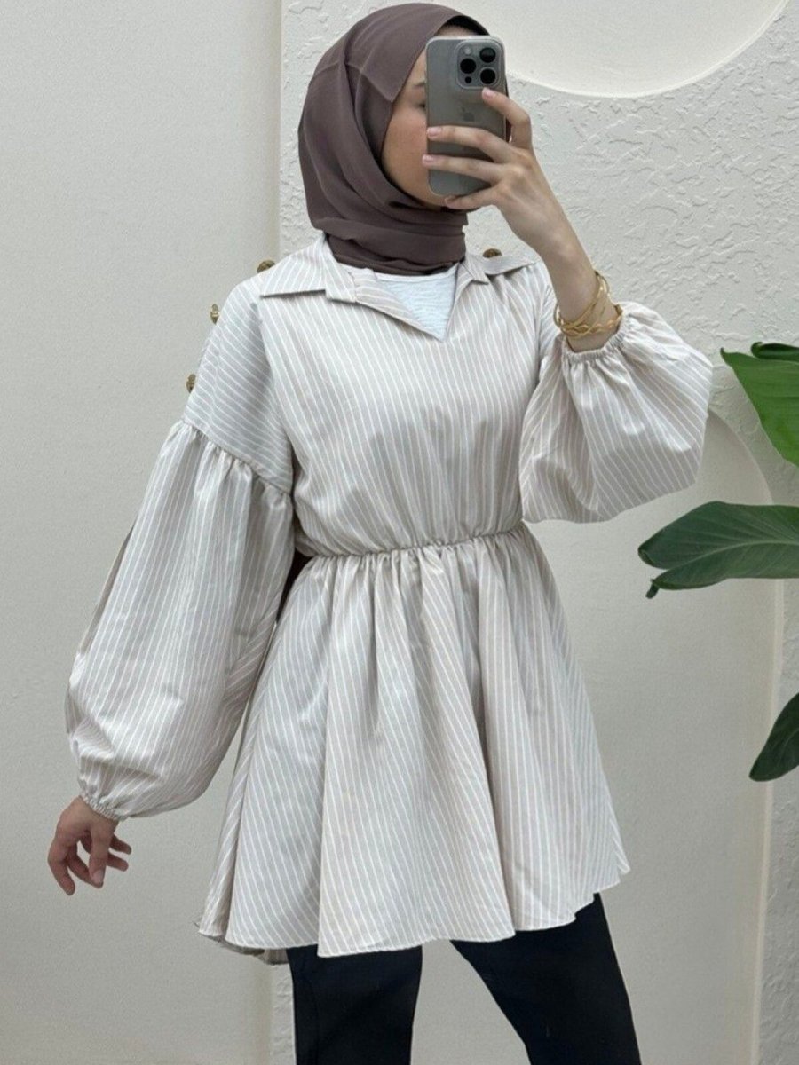 HİJABAYA Bej Beli Ve Kolu Lastikli V Yaka Çizgili Tunik