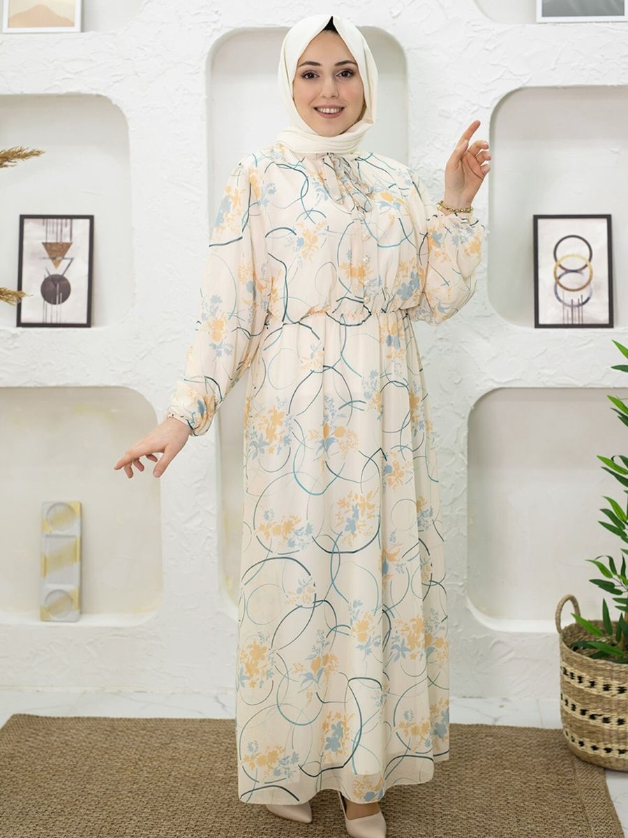 Mec Fashion Bej Çiçek Desenli Krem Elbise