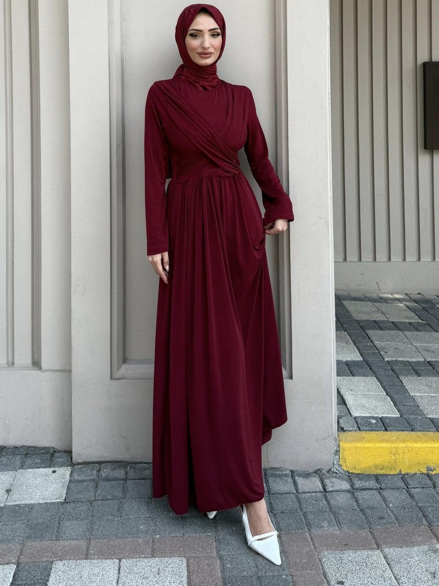 Ensa Tesettür Bordo Linda Taşlı Abiye Elbise