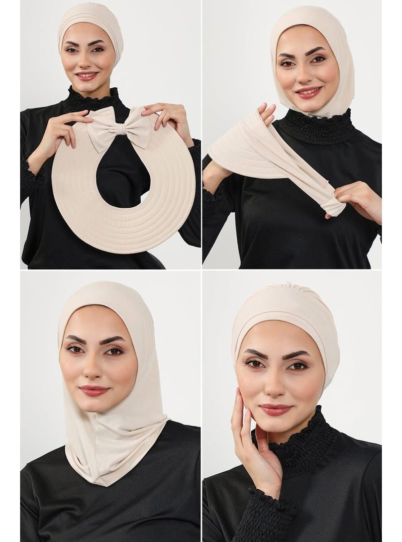 Aisha`s Design 3sn Bej 4'lü Bone,siperlik Ve Şapka Seti (deniz,havuz) Yüzücü Bonesi,st