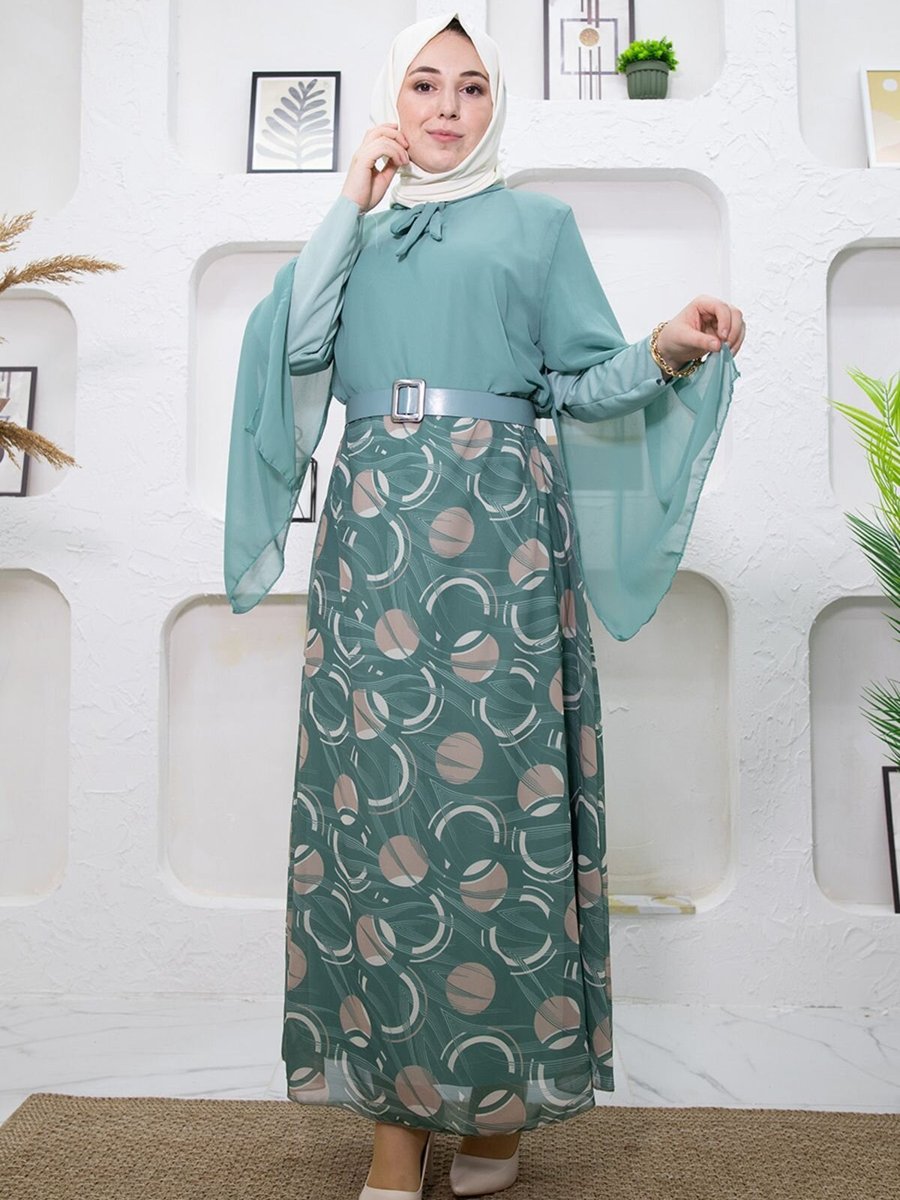 Mec Fashion Yeşil Eteği Desenli Elbise