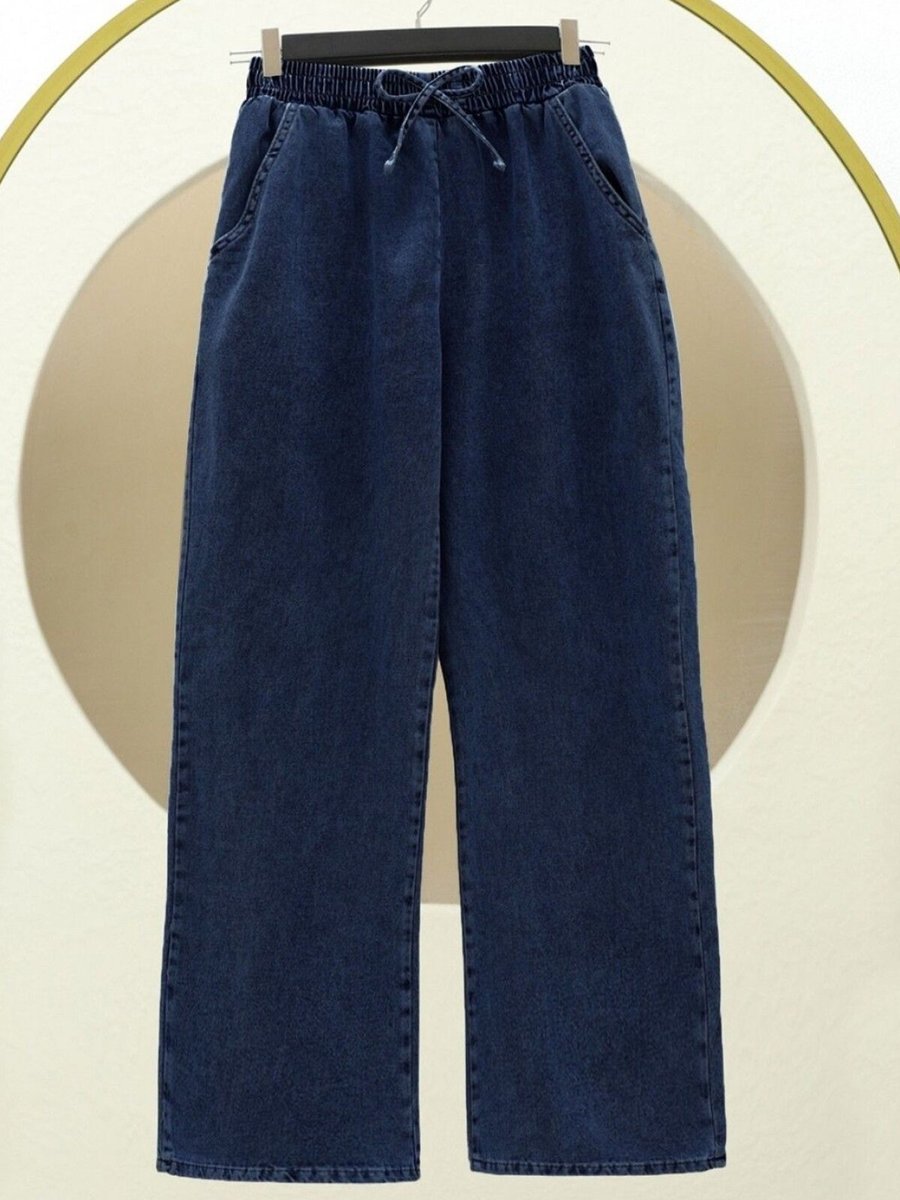 HİJABAYA Lacivert Beli Lastikli Cepli Bol Paça Kot Pantolon