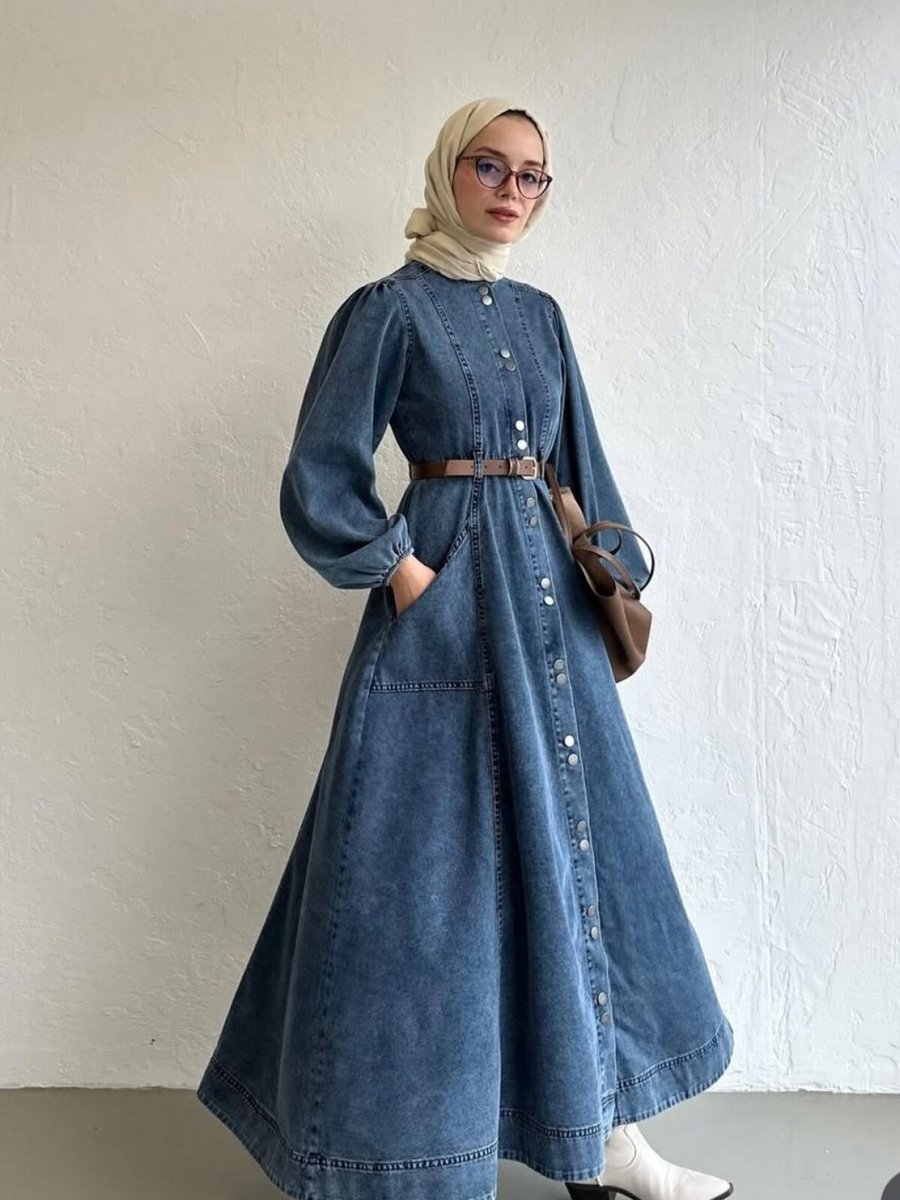OlaLady Mavi Düğme Detaylı Deri Kemerli Kot Elbise