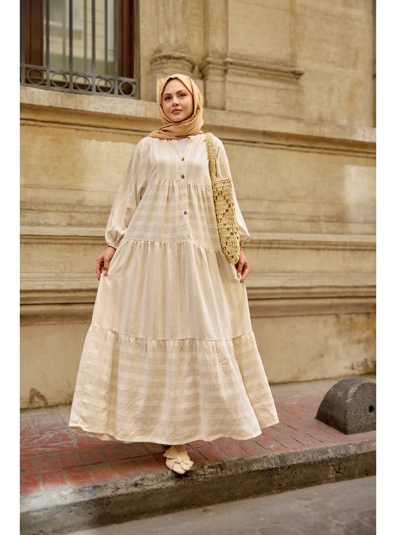 Locco Moda Krem Kendinden Çizgi Desenli Elbise
