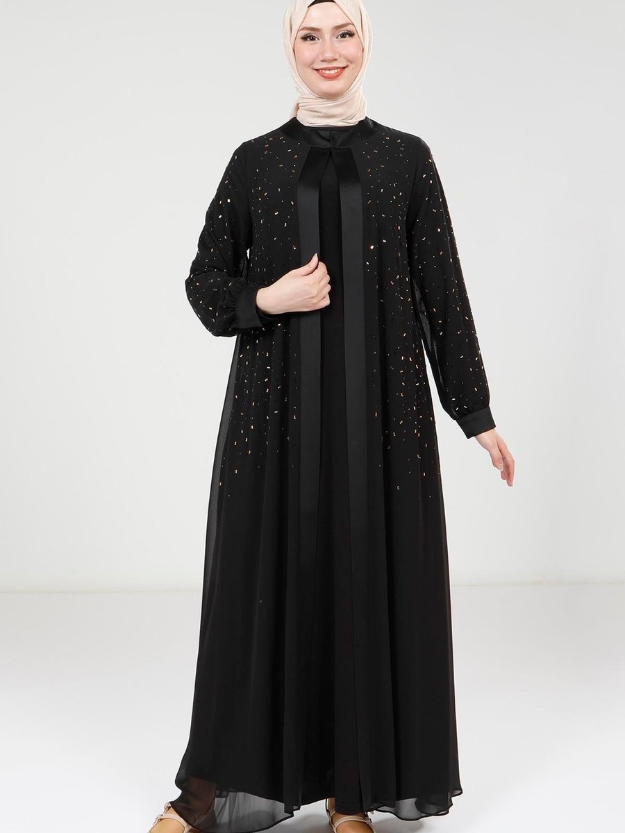 Beyza Siyah Taş Detaylı Şifon Abaya Takım