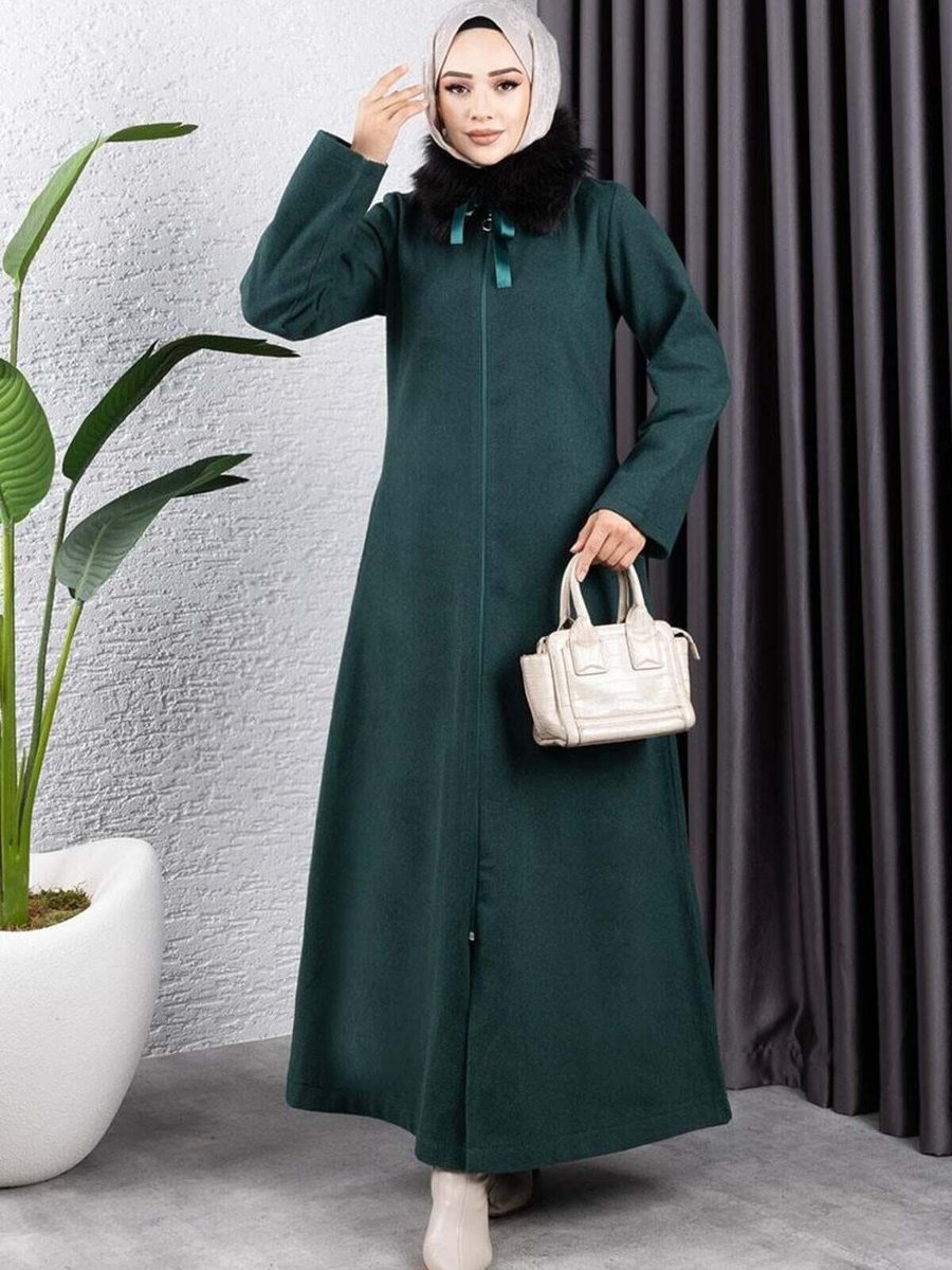 Mec Fashion Zümrüt Yeşili Yakası Kürklü Kaşe Kaban