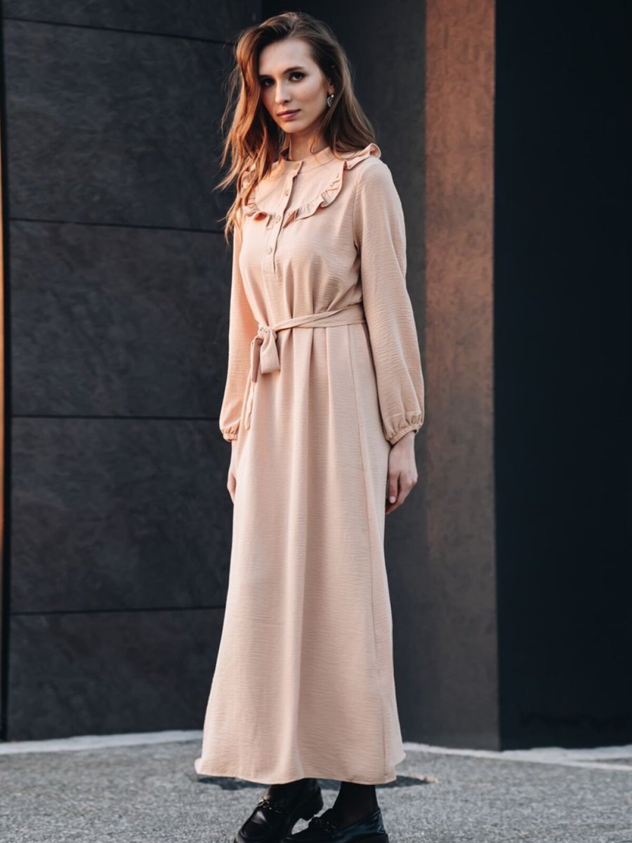 Mec Fashion Bej Önü Düğmeli Kuşaklı Yakası Fırfırlı Ayrobin Elbise