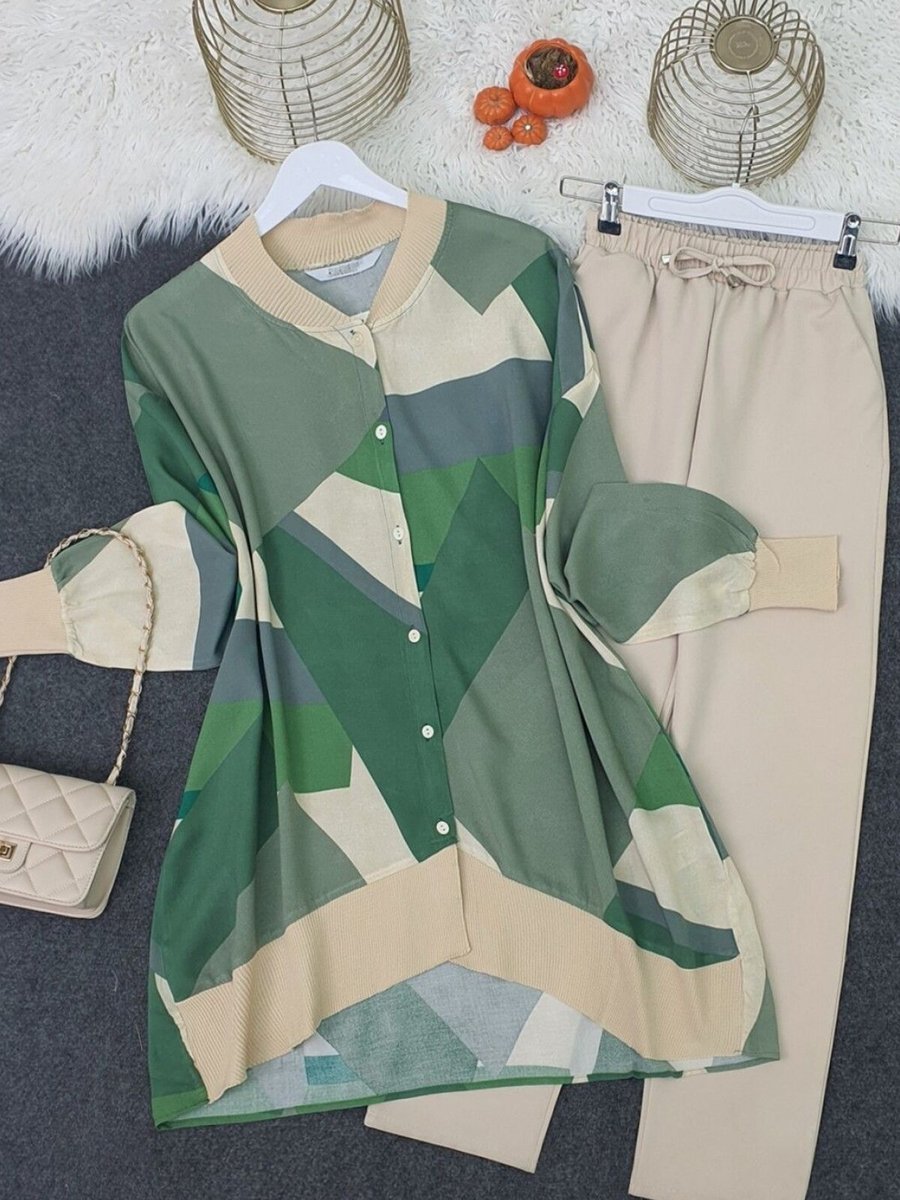 HİJABAYA Yeşil Çiçek Desen Ribanalı Düğmeli Oversize Tunik