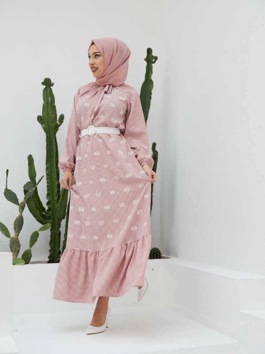 Nissra Pembe Ankanoor Pötikare Reglan Kol Nakışlı Elbise