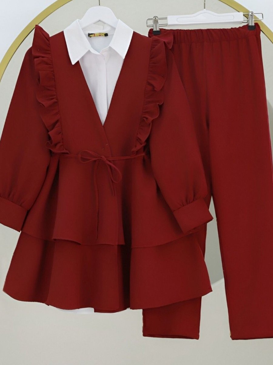HİJABAYA Bordo Önü Fırfırlı Bağcıklı Eteği Katlı Pantolonlu Kimono İkili Takım