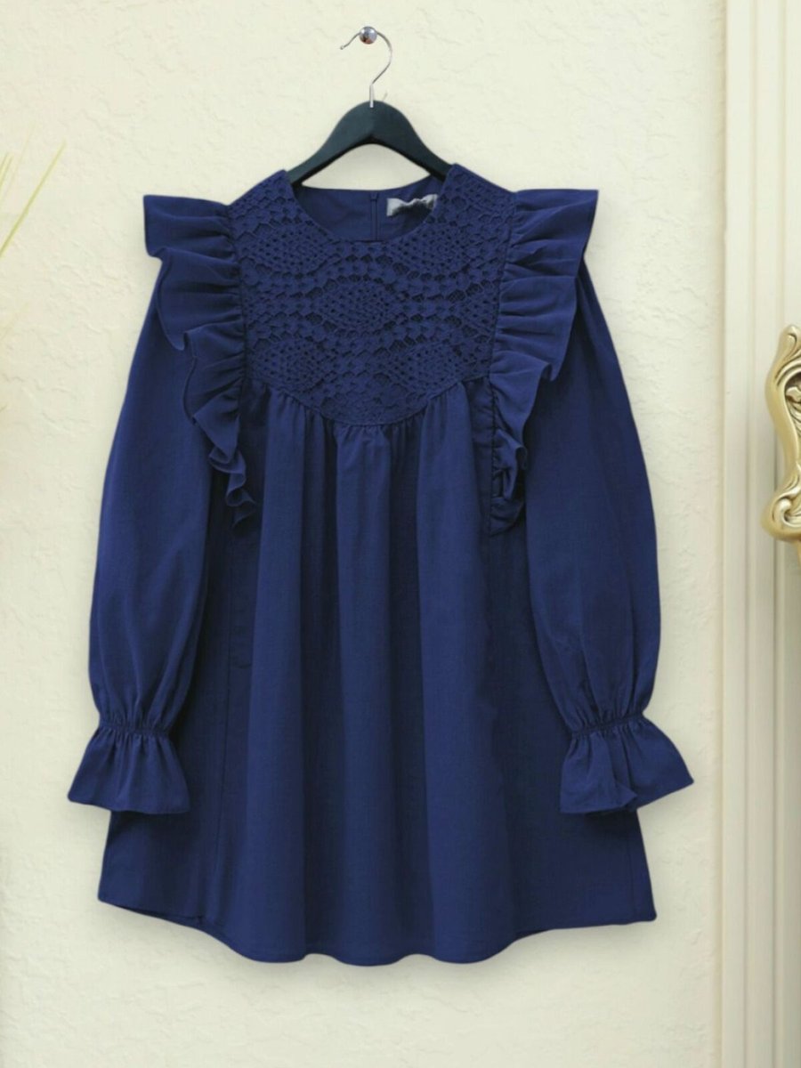 HİJABAYA Lacivert Omuz Fırfırlı Robası Dantel İşlemeli Poplin Tunik
